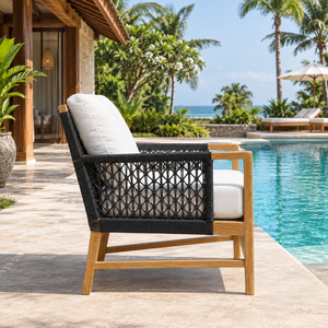 Fauteuil de jardin moderne en corde tressée, chaise longue d'extérieur en bois avec coussin pour piscine, villa, hôtel - Product Image 4