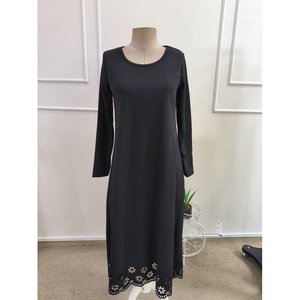 Robe midi en crêpe importé à manches longues, col rond, détails découpés au laser, motif floral, pour femmes, 37485 - Noir - Product Image 4