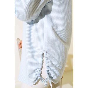 Bleu Vintage Style femmes côté plissé rayé soie mousseline de soie tricoté couverture en coton XL coupe ample bouton pour bureau printemps - Product Image 1