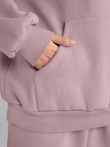 Ensemble de survêtement pour femme à capuche en deux pièces, très vendu, hiver, taille plus, 100% coton, logo brodé délavé, bouton unisexe, court - Product Image 5