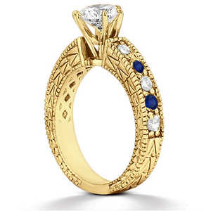 Bague de fiançailles en or jaune 14 carats avec diamant antique et saphir bleu 0,75 ct - Style vintage élégant - Product Image 2