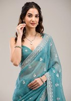 Eleganter türkisfarbener Seidensari mit silberner Zari-Bordüre und Stickerei für Hochzeiten im indisch-pakistanischen Stil für Damen