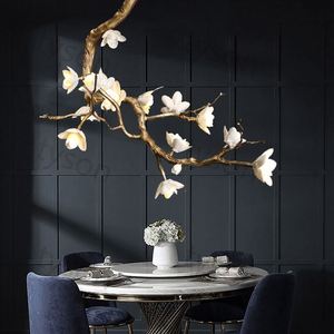 Ontwerp Indoor Decoratie Verlichting Hanglamp Villa Custom Modern Alle Koperen Keramische Magnolia Bloem Kroonluchter Hanglamp - Product Image 2