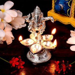 Handcrafted Traditional Silver Color Brass Dancing Ganesha Statue Engraved <b>Oil</b> <b>Lamp</b> Diya Puja Temple Home Decoration BOL-364 - Product Image 3