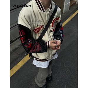 High Street hommes Baseball veste Vintage floqué broderie Patchwork Varsity veste en cuir PU manches Hip Hop Couple ample - Product Image 4