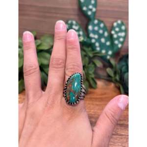 Navajo Turquoise <b>Sterling</b> <b>Silver</b> <b>Ring</b> Size 9 Rhodium Plated Bezel <b>Set</b> - Product Image 2