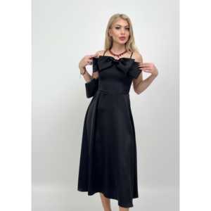 Robe midi confortable 4015 avec silhouette évasée, tissu satiné, taille naturelle, détail ruban sur le devant - Product Image 2