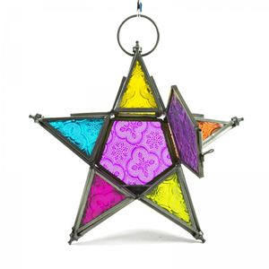Lanterne suspendue en forme d'étoile en verre et en bois faite à la main, porte-bougie chauffe-plat - Product Image 5