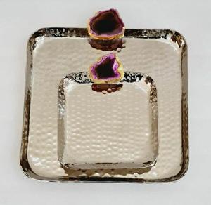 Plateau de service à fruits en agate de forme carrée de 12 x 12 pouces, avec texture martelée antique, argent brillant poli, design de créateur, pour hôtel et restaurant - Product Image 3