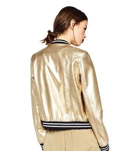 แจ็คเก็ตบอมเบอร์ผ้าซาตินแฟนซีสำหรับผู้ชายแจ็กเก็ตหนัง PU มันวาวดีไซน์ใหม่ล่าสุดสีทองสไตล์แวววาว - Product Image 6