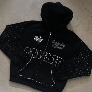 เสื้อฮู้ดมีซิปผ้าเทอร์รี่ไรน์สโตนสำหรับผู้ชายซิปรูดสกรีนได้ - Product Image 1