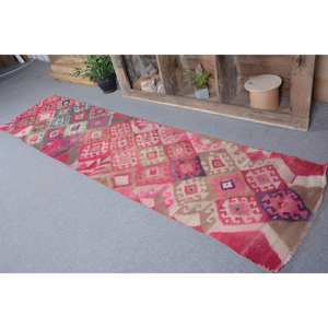 พรมสไตล์ตุรกีโบราณ2.4x10.1ft การออกแบบการเย็บปะติดปะต่อกันสีชมพูวัสดุขนสัตว์ที่มีน้ำยางด้านหลังสำหรับตกแต่งห้องนั่งเล่นสำหรับวัยรุ่น - Product Image 4