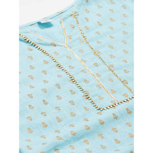 ชุดเสื้อและกางเกงผ้าฝ้ายสีฟ้าน้ำแข็งของผู้หญิงชุด kurta & Palazzo สีทองพิมพ์ลายสีทองตรงและด้านล่าง - Product Image 4