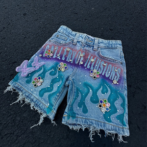 กางเกงขาสั้นผ้ายีนส์ประดับพลอยเทียมสำหรับฤดูร้อนกางเกงขาสั้นผ้าเดนิมสไตล์ฮิปฮอปแนวสตรีท Y2K แนววินเทจไล่ระดับสี - Product Image 2