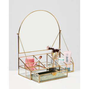 อุปกรณ์จัดระเบียบเครื่องประดับแก้วทองเหลืองตกแต่งบ้านทรงสี่เหลี่ยมผืนผ้าสุดหรูพร้อมกระจกแต่งหน้าทรงโค้งสำหรับผู้หญิงที่เก็บเครื่องประดับ - Product Image 4