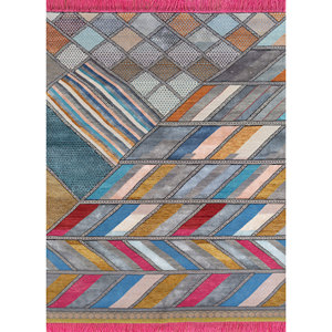 Tapis géométrique noué à la main en laine et soie de bambou Manchaha, rectangulaire, épaisseur 10 mm, pour salon ou couloir - Les-1618 - Product Image 1