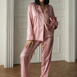 Conjunto de Pijama de Satén para Mujer, Camisa de Manga Larga con Cuello en V y Botones, Pantalones Cortos, Ropa de Dormir Térmica Suave, Cintura Elástica, Primavera - Product Image 1