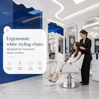 Mobili Futuristici per Salone di Bellezza con Specchio LED ad Arco in Acrilico Blu e Sedia Tulipano Bianca per Concept Beauty Salon