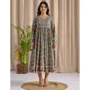 Vestido Largo Azul Marino Angrakha con Cintura Imperio, Estilo Boho Elegante, Estampado Floral Jaal, Sin Cremallera, Ideal para Bodas y Fiestas, ODM - Product Image 3