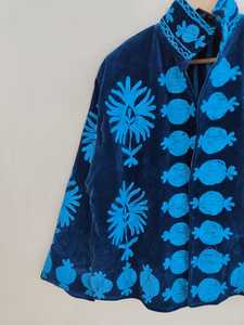 Boho Blue <b>Velvet</b> Suzani <b>Jacket</b> Embroidered Winter Coat, <b>Velvet</b> Suzani Embroidered <b>Jacket</b>: Bohemian Artisanal Coat - Product Image 3