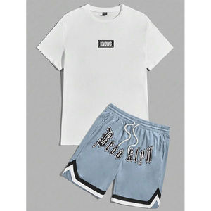 <b>Men</b> Oversize Tee <b>Shirt</b> Shorts Set 100% Cotton Guys Letter Graphic Tee & Drawstring Waist Shorts - Product Image 6