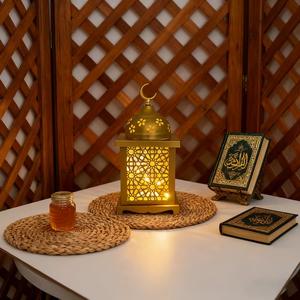 Gold Metal Moroccan <b>Candle</b> <b>Lantern</b> with Crescent Top Intricate Cutwork Warm Glow Perfect for Ramadan Home Decor - Product Image 1