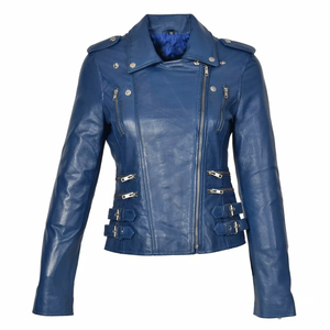 Chaqueta de Mujer Azul de Piel de Cordero Genuina, Transpirable, Resistente al Viento, con Cierre de Cremallera, Estilo Motero, Corte Ajustado, Cuello Mao - Product Image 1
