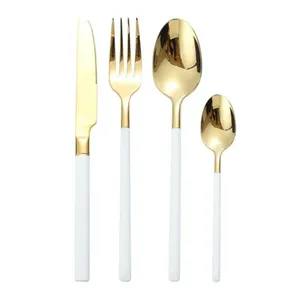 餐具银器餐具套装4件不锈钢餐具套装金色餐具白色手柄套装4件