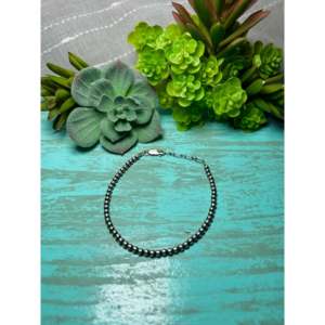 Navajo-Made 3mm Beaded Sterling Silver Bracelet with Gold Plating <b>Charm</b> and Ball Shape Heart Pattern for Gift - Product Image 1