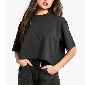 Camiseta corta de gran tamaño, jersey con cuello redondo, Camiseta holgada recortada de verano para mujer - Product Image 1