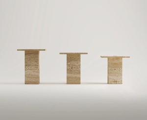 Juego de Mesas con Pedestal de Piedra Travertino Moderno, Diseño Minimalista, Construcción Sólida y Natural, Elegante Detalle Decorativo para el Hogar de Lujo - Product Image 2