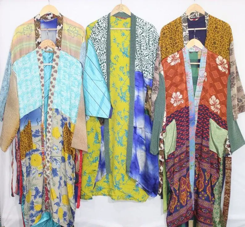 Vintage Silk Saree Kimono Women Robe Kimono Dress Bathrobe Maxi Gown