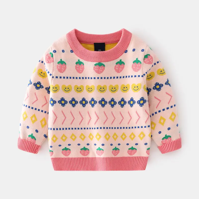 Meisjes Aardbei Jacquard Fijne Katoenen Onderkant Top Nieuwe Baby Dubbellaags Trui Lange Mouw Zomer Sweatshirt