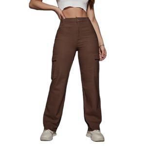 Jean cargo pour femme taille haute marron en denim extensible avec empiècements multi-poches, style streetwear durable, écologique et tendance - Product Image 2