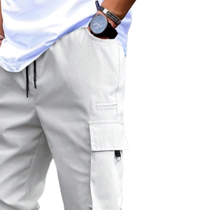 Custom Mens Light Gray Cargo Jogger Pants Elastic Waist Drawstring Multi Pocket Casual Utility Straight Leg Work Trousers - Product Image 5