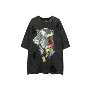 Camiseta de gran tamaño con agujeros rasgados de Hip Hop de alta calidad, ropa Vintage, camisetas gráficas para hombres, camiseta con hombros caídos para hombres - Product Image 6