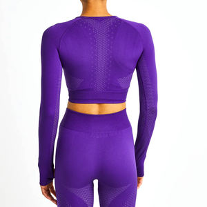 Purple Custom Logo Women's Breathable Short Long Sleeve Fitness <b>Crop</b> <b>Top</b> <b>Sexy</b> Workout Tank Style OEM Service Ready Ship Knitted - Product Image 2