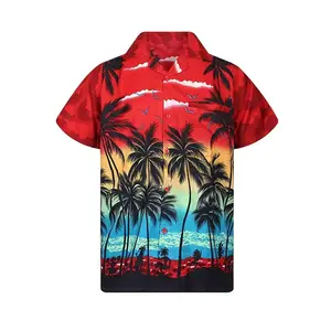 도매 하와이 셔츠 남성 느슨한 통기성 맞춤형 셔츠 남성 패션 야자수 인쇄 비치웨어 쿠바 칼라 셔츠