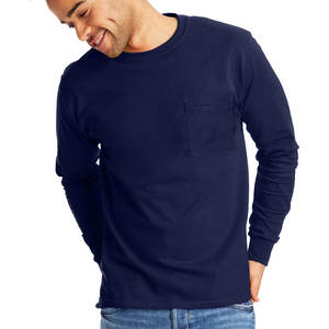 Camiseta de algodón ajustada para hombre con manga larga de secado rápido y bolsillo con estampado de logotipo personalizado sólido de peso medio Essential Basics - Product Image 1