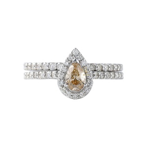 Ensemble de bagues de mariée, solitaire Moissanite coupe poire marron jaune clair fantaisie avec anneau Halo Accent, bague de mariage demi-éternité - Product Image 1