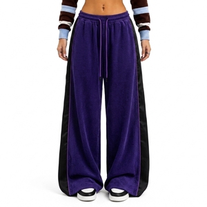Pantalon large en velours côtelé 100 % coton léger personnalisé pour femme, coupe décontractée, taille à cordon, empiècements latéraux contrastants, style streetwear - Product Image 1