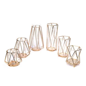 रचनात्मक घर लिविंग रूम टेबल सजावट धातु सोने ज्यामितीय टेरियम मोमबत्ती vase ग्लास सिलेंडर