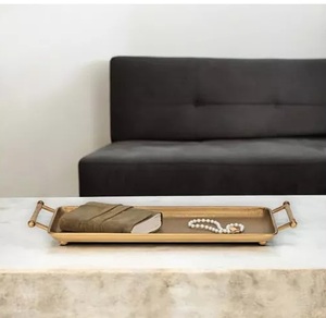 Elegant gold long <b>tray</b> with handles durable design perfect for serving drinks and coffee table decor accent piece - Product Image 1