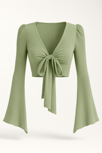 Pull en maille côtelée pour femme de haute qualité, à nouer devant, uni, coupe régulière, manches longues, respirant, écologique, 100% coton, vente au détail - Product Image 5