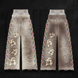 กางเกงวอร์มทรงตรงขาบานเอวคู่ประดับคริสตัลแบบย้อมสีเอซิดสำหรับผู้ชาย - Product Image 5