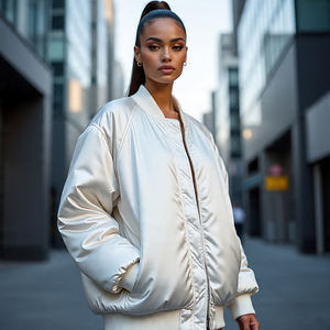 Chaqueta Bomber de satén acolchada de gran tamaño para mujer, abrigo ligero cálido de invierno para vuelo MA con hombro caído, estilo de béisbol de punto - Product Image 3