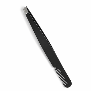 Pinzas para Cejas con Peine, Acero Inoxidable, Punta Inclinada, Herramienta de Depilación de Precisión, Color Negro, Herramienta 2 en 1 para Cejas - Product Image 1