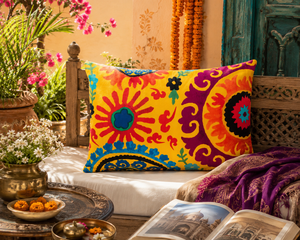 Rectangular Decorative Throw Pillow with Zipper Closure Multicolor Floral Design 100% Cotton Digital Printing New Delhi Excelsa - Product Image 6