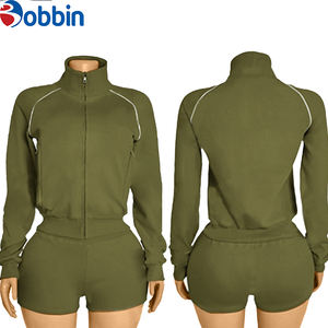 Ensembles de sport pour femmes grande taille sur mesure, logo personnalisé, coton, couleur contrastée, vestes à manches longues, shorts, 2 pièces, vêtements de sport pour femmes - Product Image 4