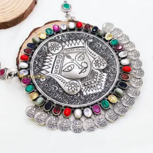 Goddess Durga Maa Multi Gemstone Pendant Necklace Handmade 925 Solid Sterling Silver Necklace Antique Designer Jewelry